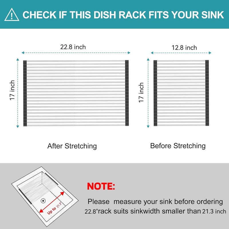 BBXTYLY Extra Large Expandable Roll Up Dish Drying Rack,Over The Sink Drying Rack Sink Cover Kitchen Sink Accessories Kitchen Rolling up Stainless Steel Drainer, Foldable,Rollable（Black，22.8''-17''） - Image 2